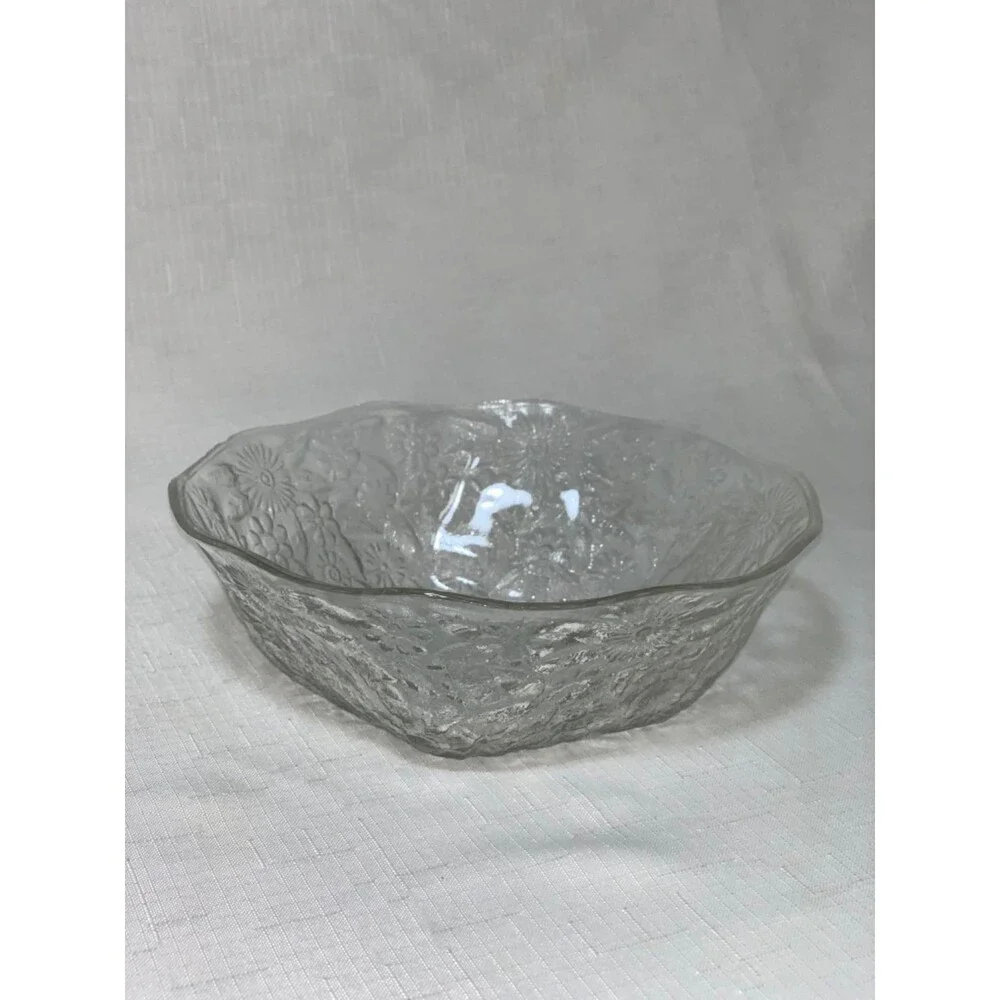 Vintage Clear Pressed Glass Bowl Floral Design Cut decorative Floral Serving